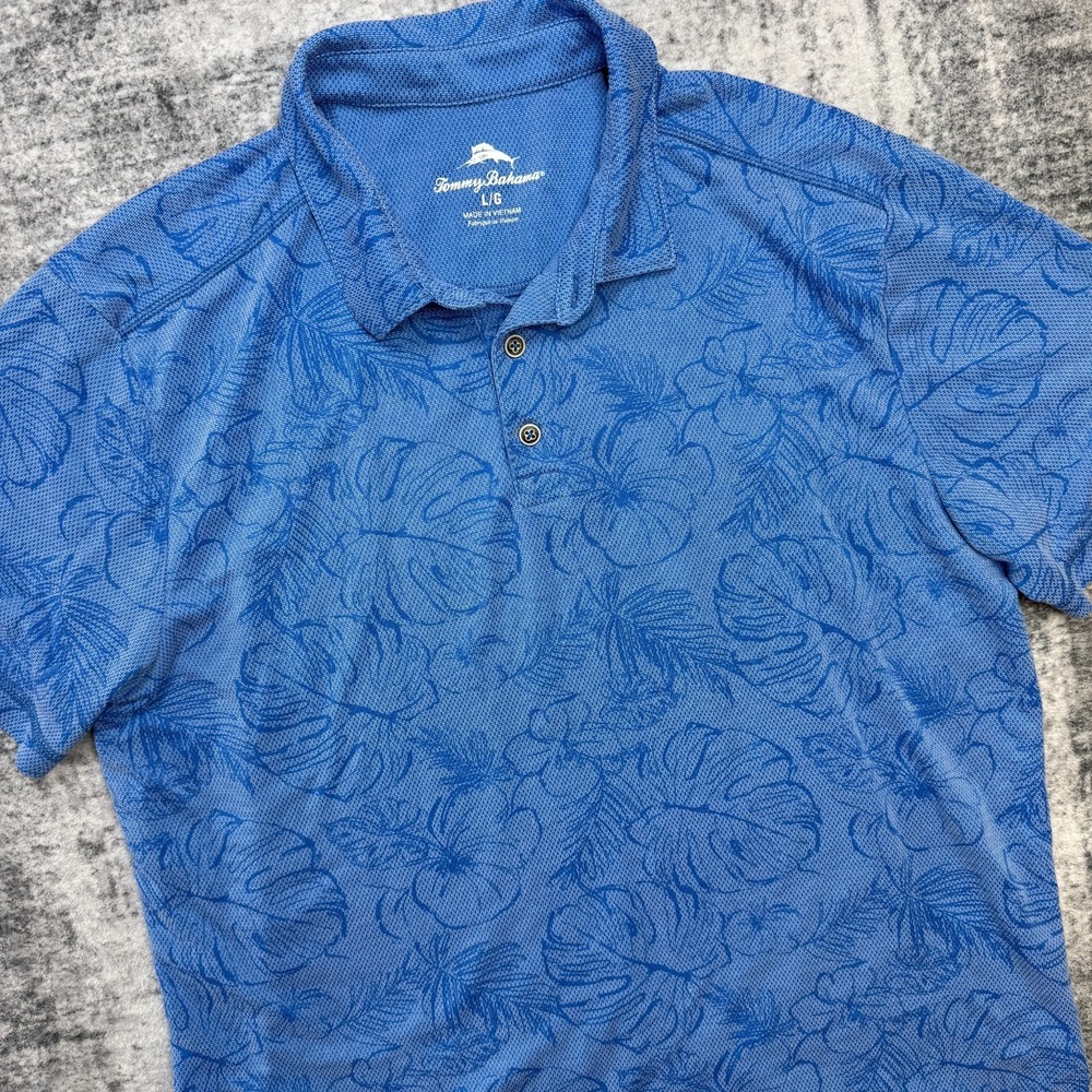 Tommy Bahama Polo Shirt Mens Large Blue Floral Palms Modal‎ Beach Resort Travel
